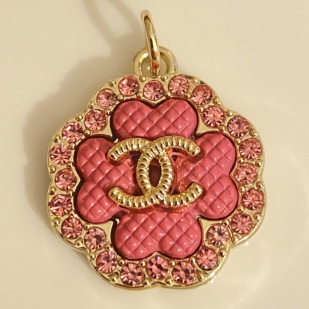 Pink Camellia Button Charm Rhinestone Flower Pendant Bag Charm